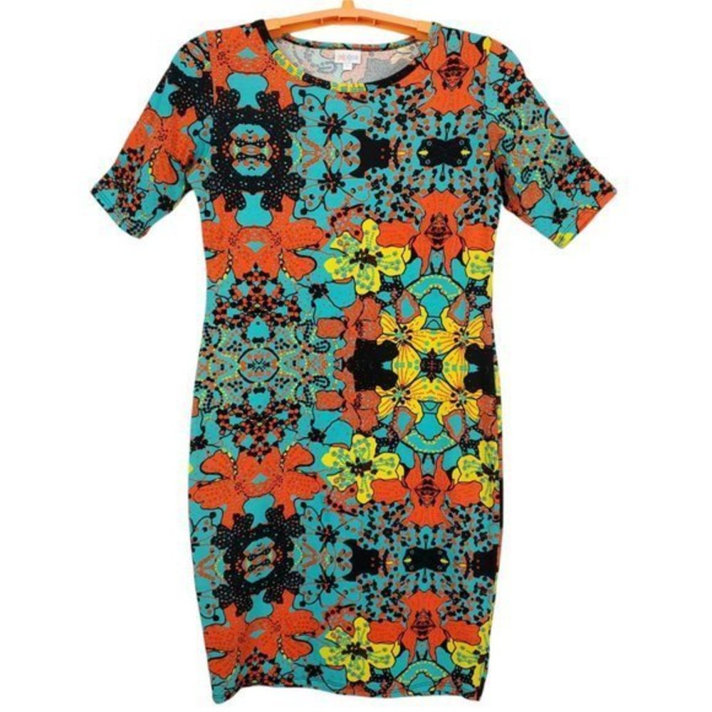 LuLaRoe Julia Sheath Pencil Dress Teal Orange Yellow Black Floral USA‎ L Large